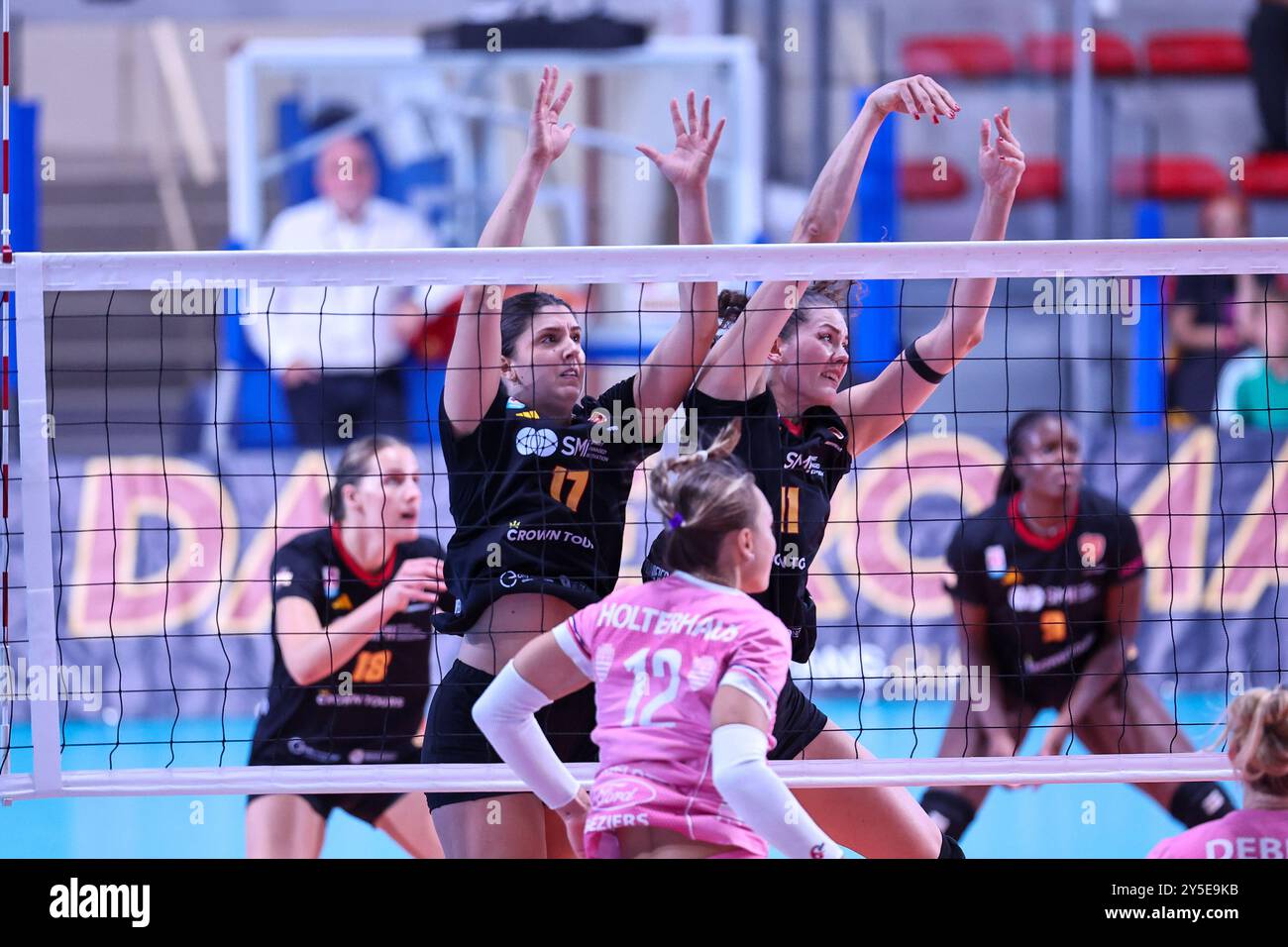 Sladina Mirkovic (Roma Volley) and Marie Schoelzel (Roma Volley) during Wevza Cup Women - Roma Volley vs Bezier VB, International volleyball match in Rome, Italy, September 21 2024 Stock Photo