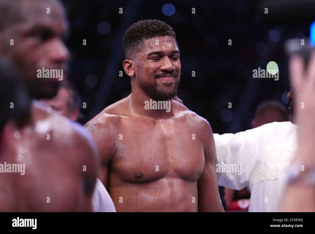 Anthony Joshua reacts to defeat by Daniel Dubois following the IBF World Heavy weight bout at Wembley Stadium, London. Picture date: Saturday September 21, 2024. Stock Photo