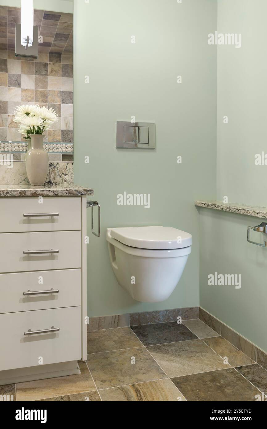 Wall mounted toilet in handicapped accessible bathroom Stock Photo - Alamy