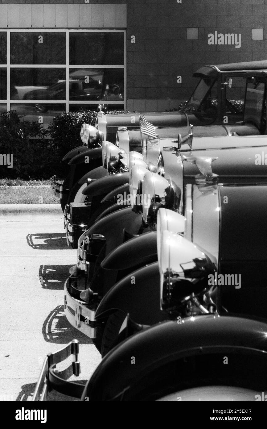 A row of vintage Ford Model A cars lined up in a parking lot for a car show. The image is composed of classic automobiles with round headlights. Stock Photo