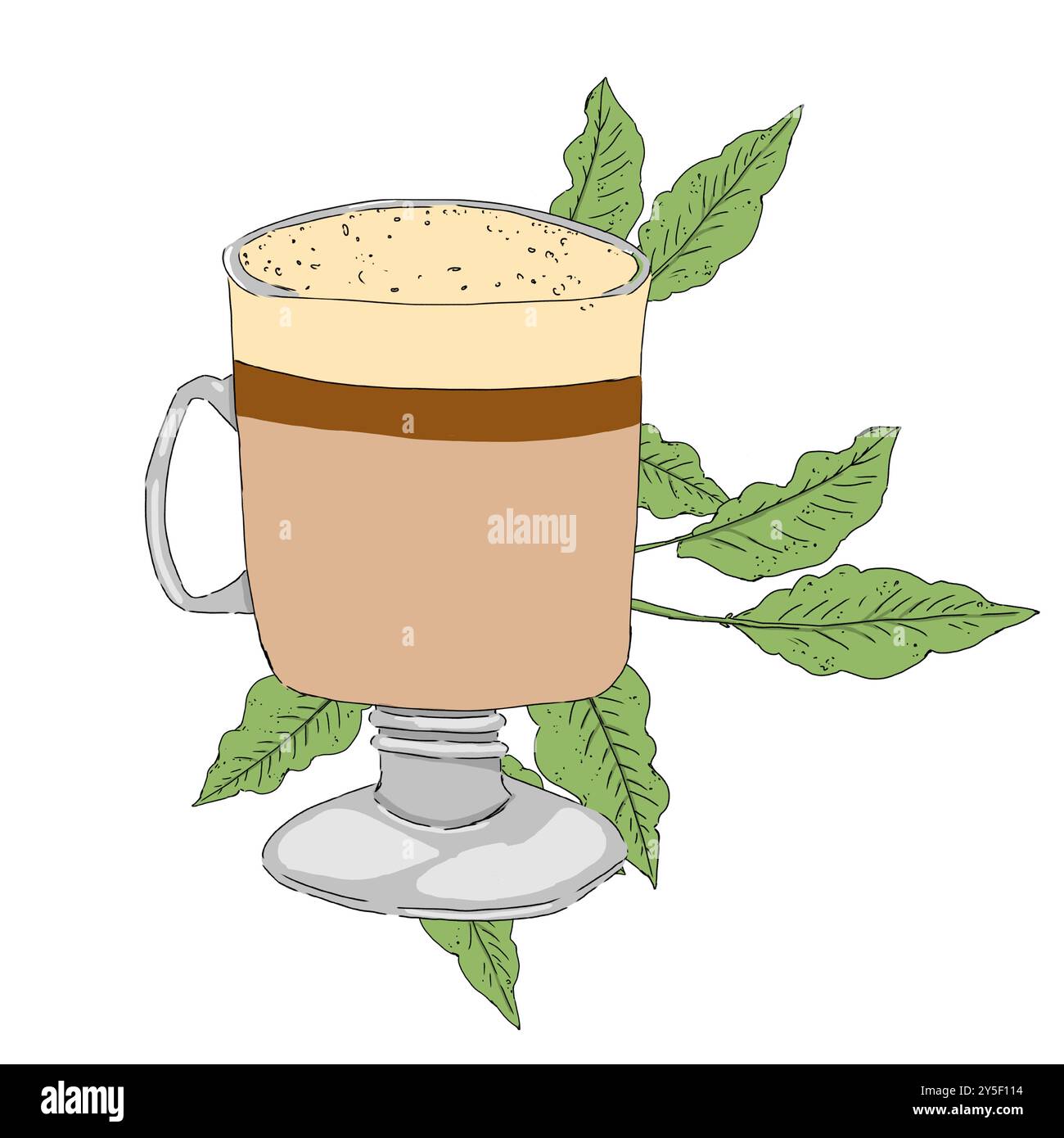 Coffee latte in a glass cup with a pattern on a background with ...