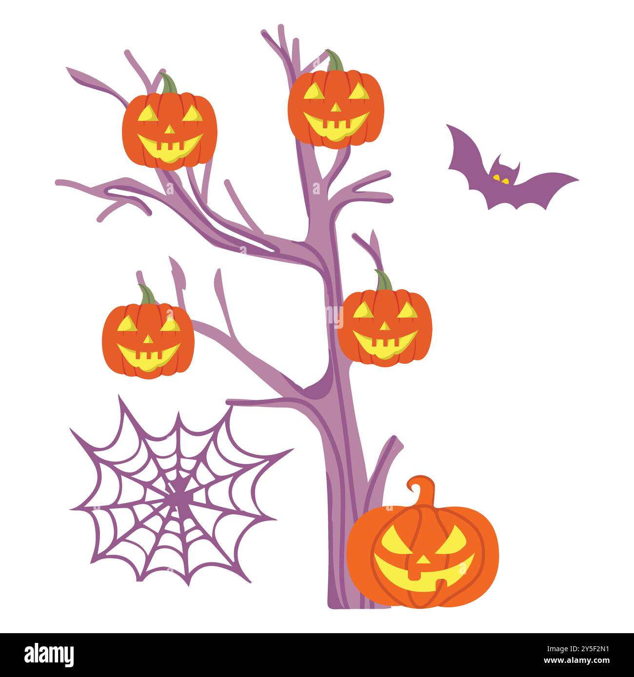 Illustration tree branch pumpkins, and bats halloween background Stock ...
