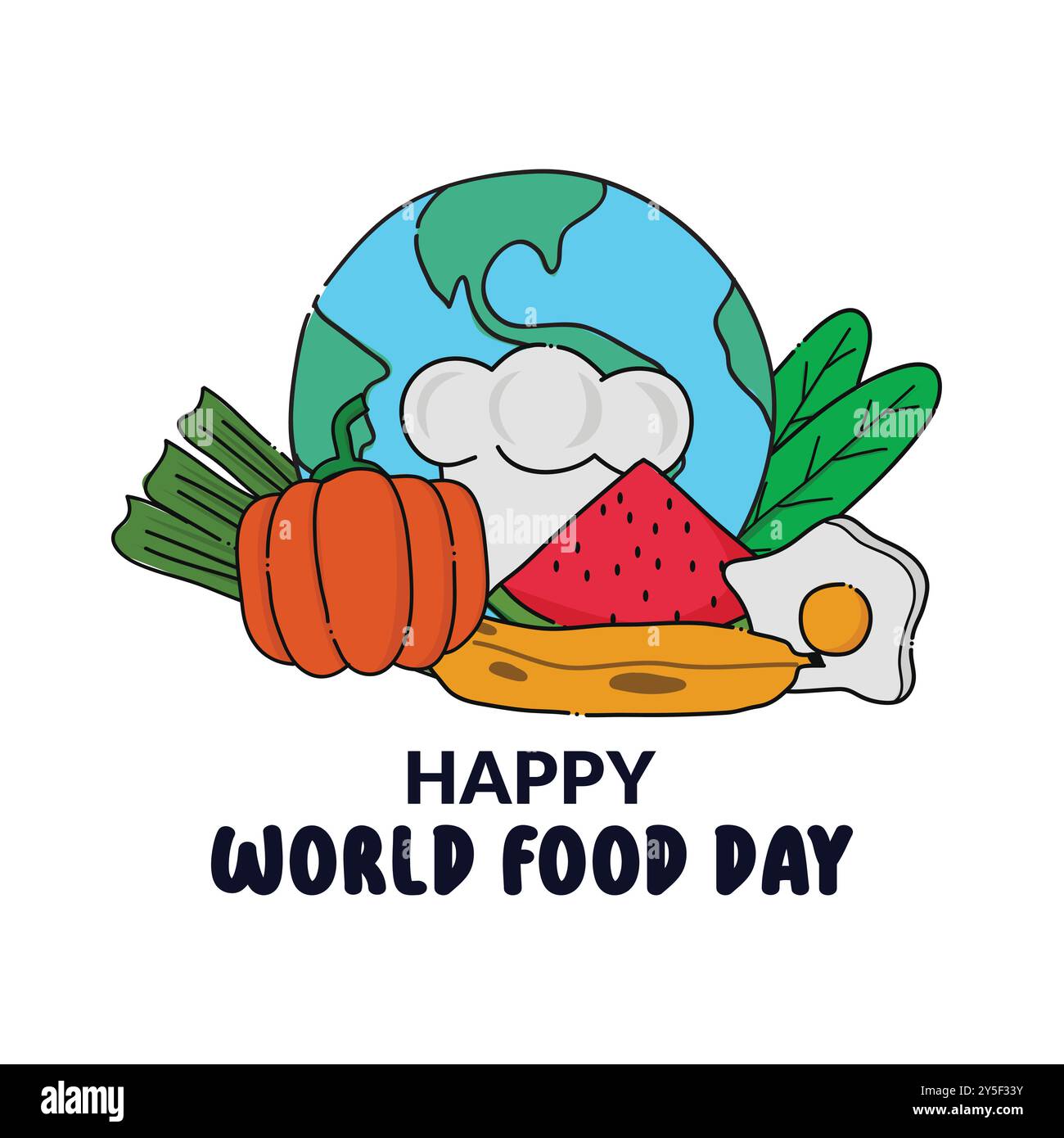 World food day poster including globe surrounded foods fruits and