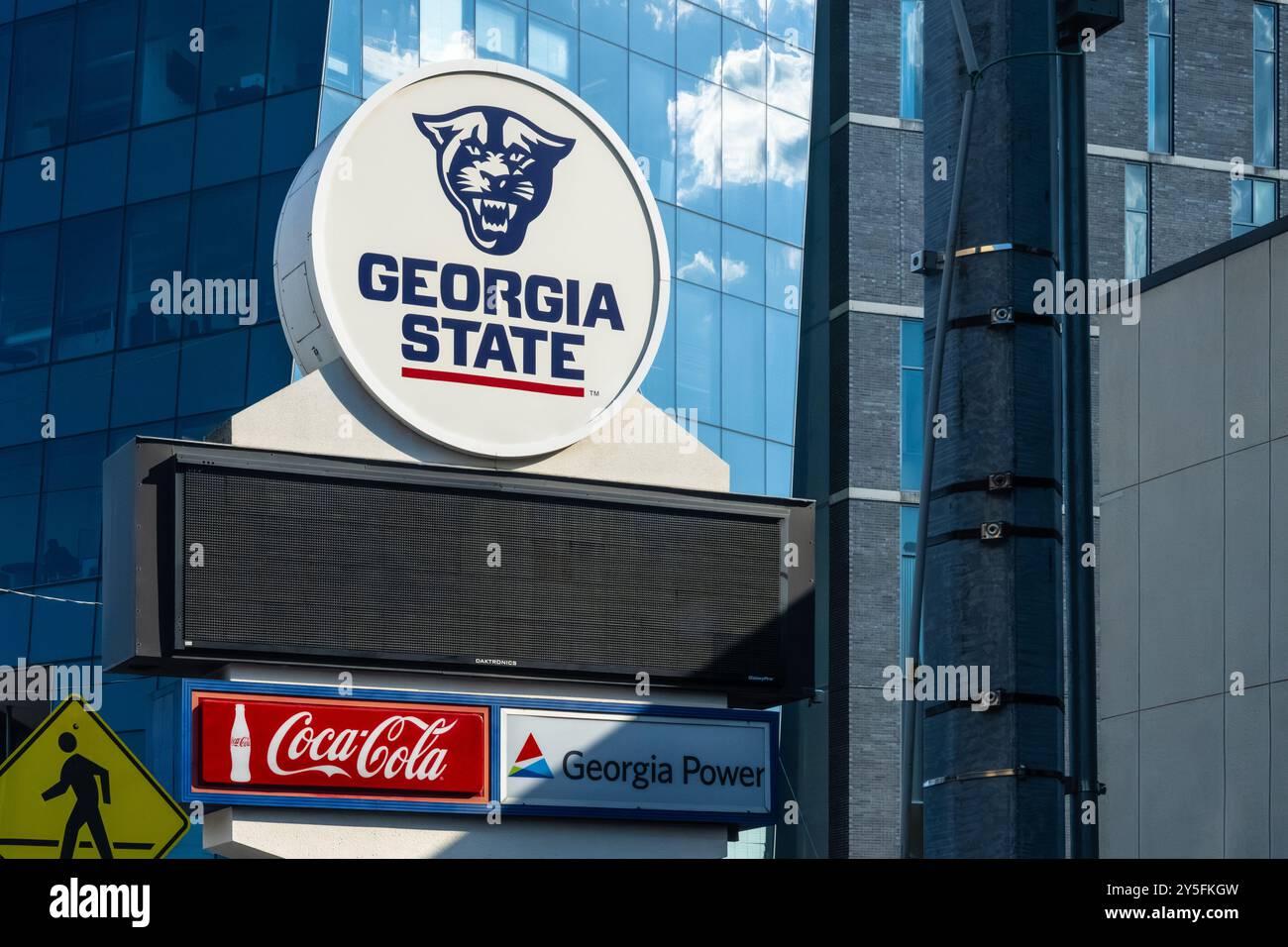 Georgia State University sign at the GSU Sports Arena with the Petit Science Center in the background in downtown Atlanta, Georgia. (USA) Stock Photo