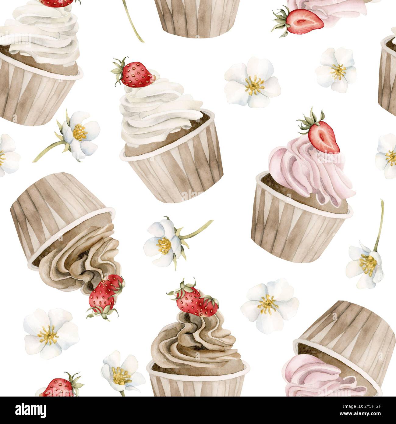 Cupcakes with strawberry and flowers. Watercolor seamless pattern on ...