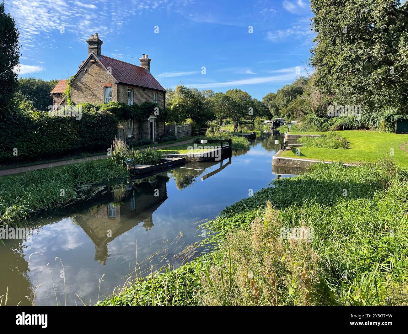 Walsham Locks on the River Wey at Ripley, Surrey on a fine day with blue sky in summer Stock Photo