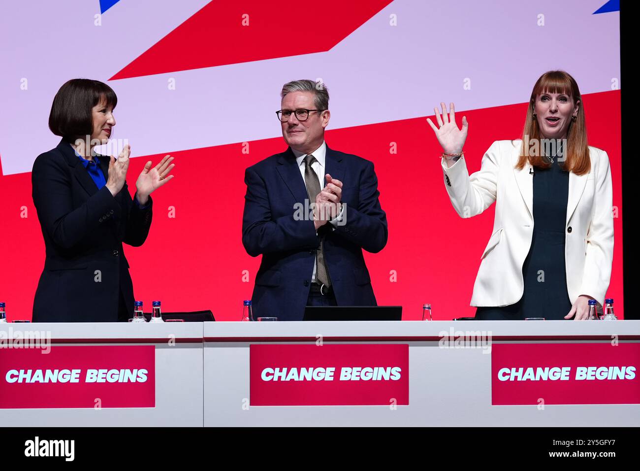 (left to right) Chancellor of the Exchequer Rachel Reeves, Prime Minister Sir Keir Starmer and Deputy Prime Minister Angela Rayner during the Labour Party Conference in Liverpool. Picture date: Sunday September 22, 2024. Stock Photo
