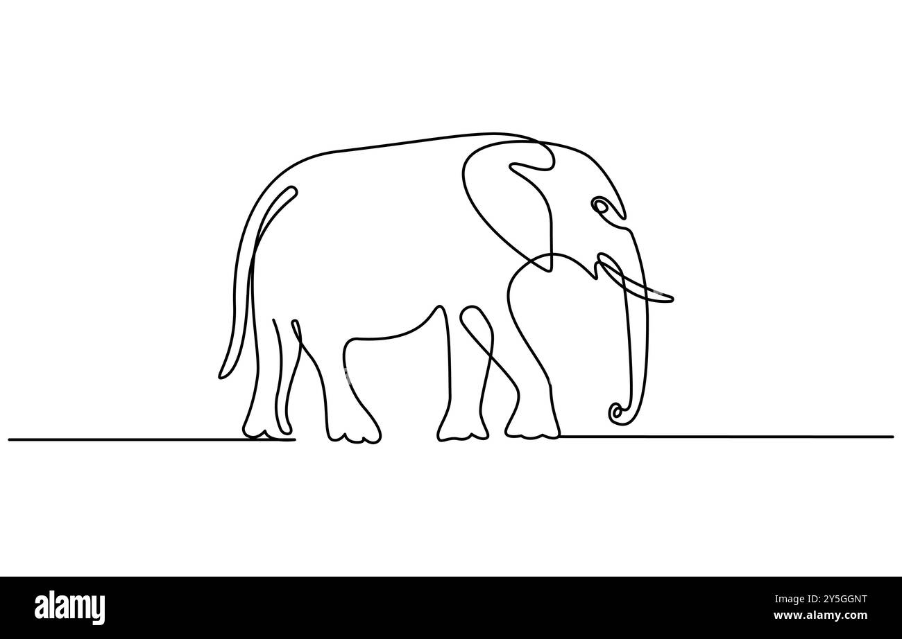 Continuous line of walking standing elephant. Single one line art of wild elephant. Vector illustration, elephant one line. Elephant with baby symbol Stock Vector