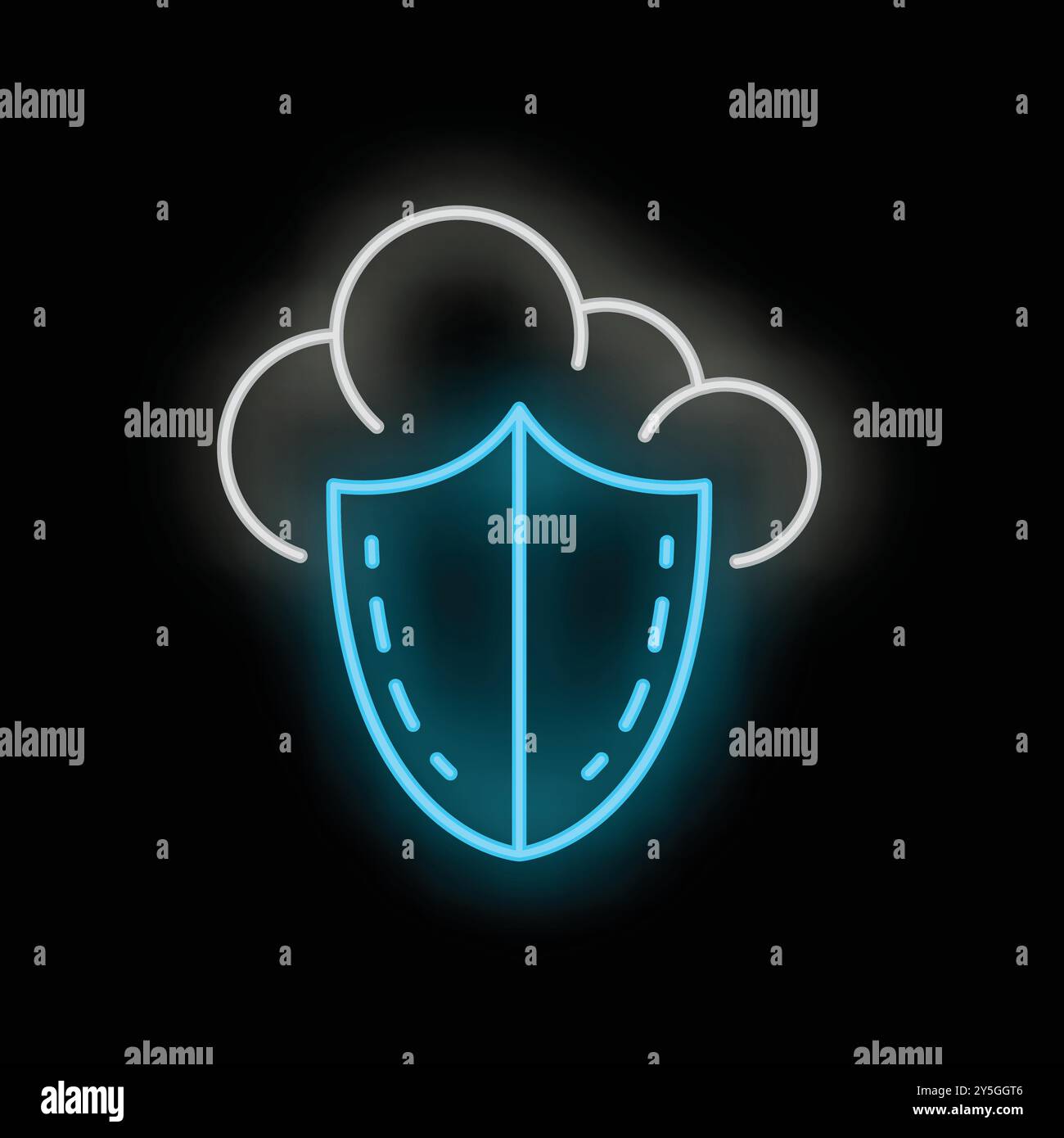 Neon blue shield protecting cloud computing and data storage, cybersecurity concept Stock Vector