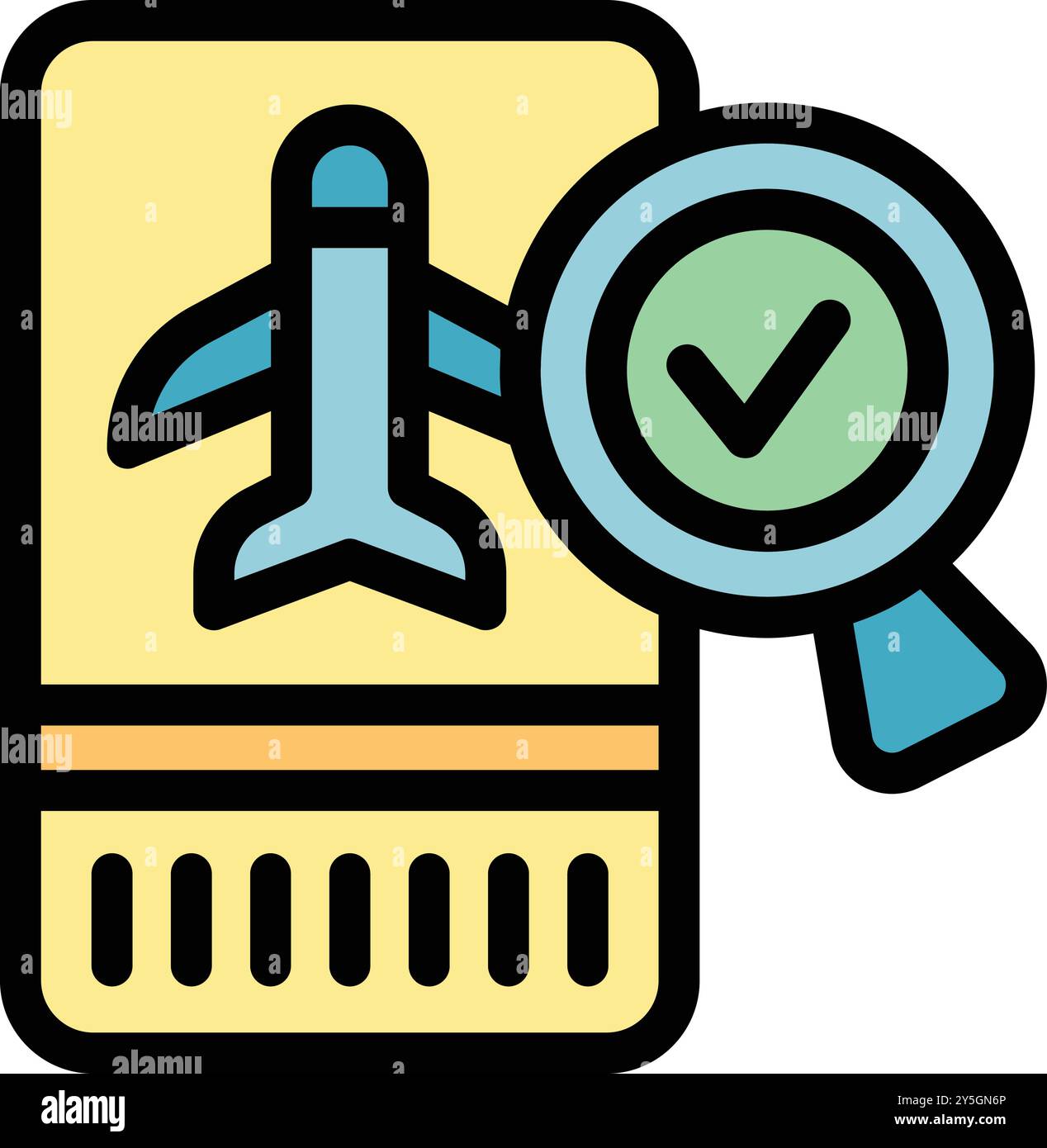 Magnifying glass is hovering over a boarding pass, verifying its authenticity for travel Stock Vector