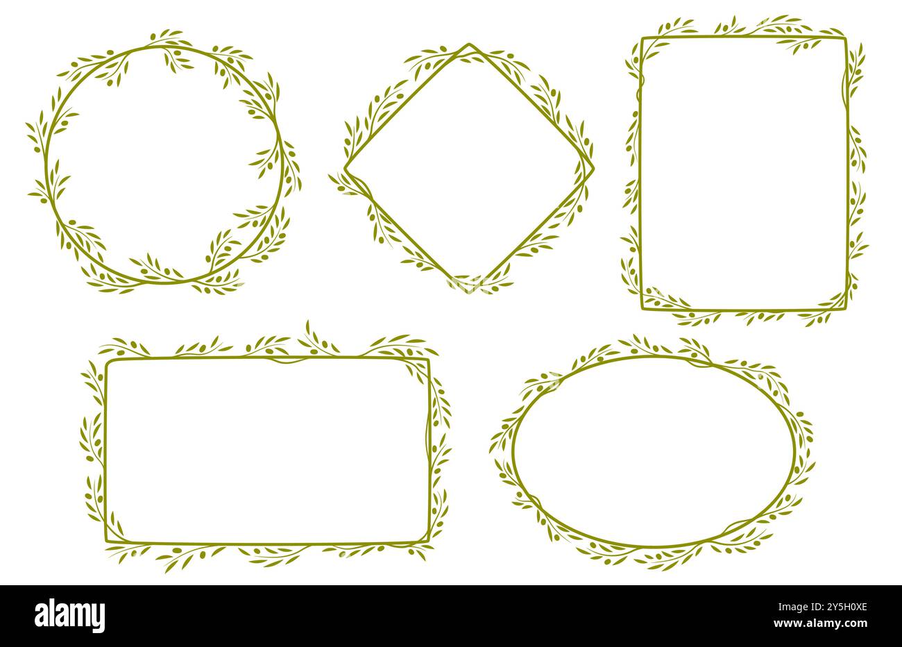 Olive leaf frames, vector set of delicate, elegant borders for invitation, photo frame or menu. Round, oval, rhombus and rectangular decorative elements with a touch of nature in Mediterranean style Stock Vector