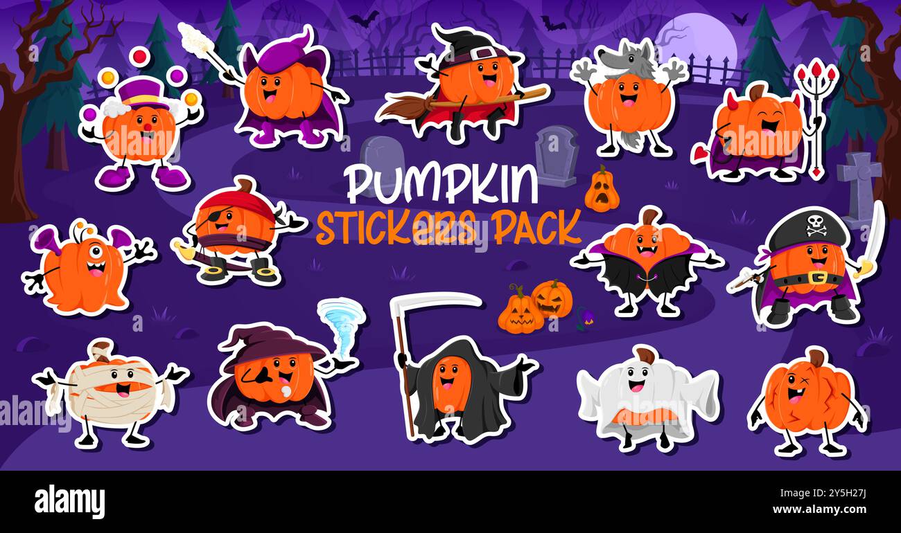 Cartoon Halloween pumpkin characters stickers pack for holiday horror night, vector set. Halloween stickers of pumpkin in monster costumes of witch, death or mummy and pirate, werewolf and boo ghost Stock Vector