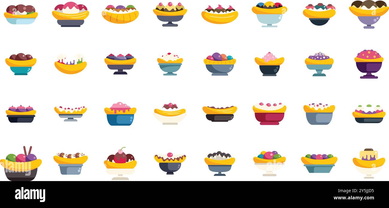 This set of icons features a variety of delicious banana split desserts ...
