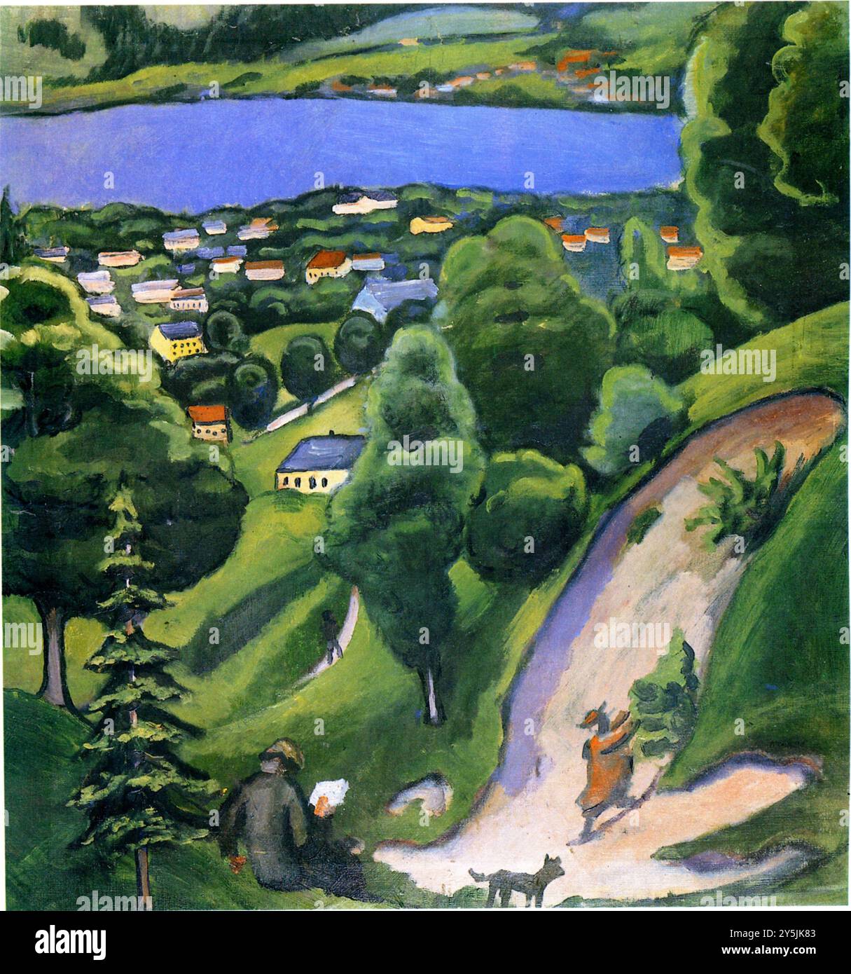 August Macke  - Landscape on the Teggernsee with a reading man Stock Photo