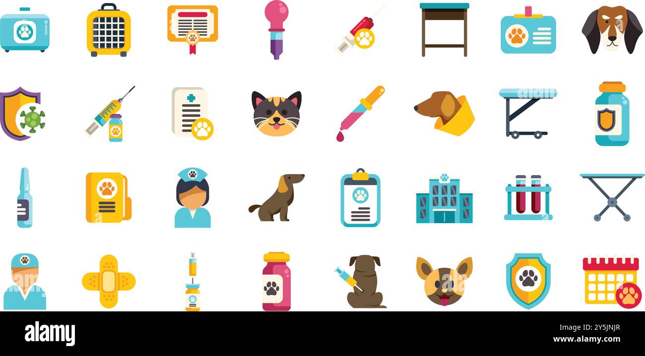 This set of colorful icons is showing a veterinarian taking care of ...