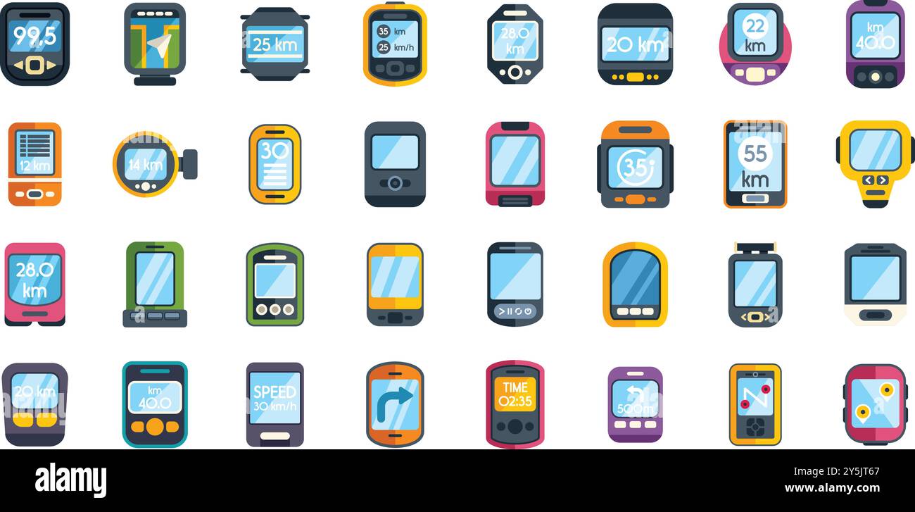 Set of colorful bicycle computer icons in flat style, showing speed ...