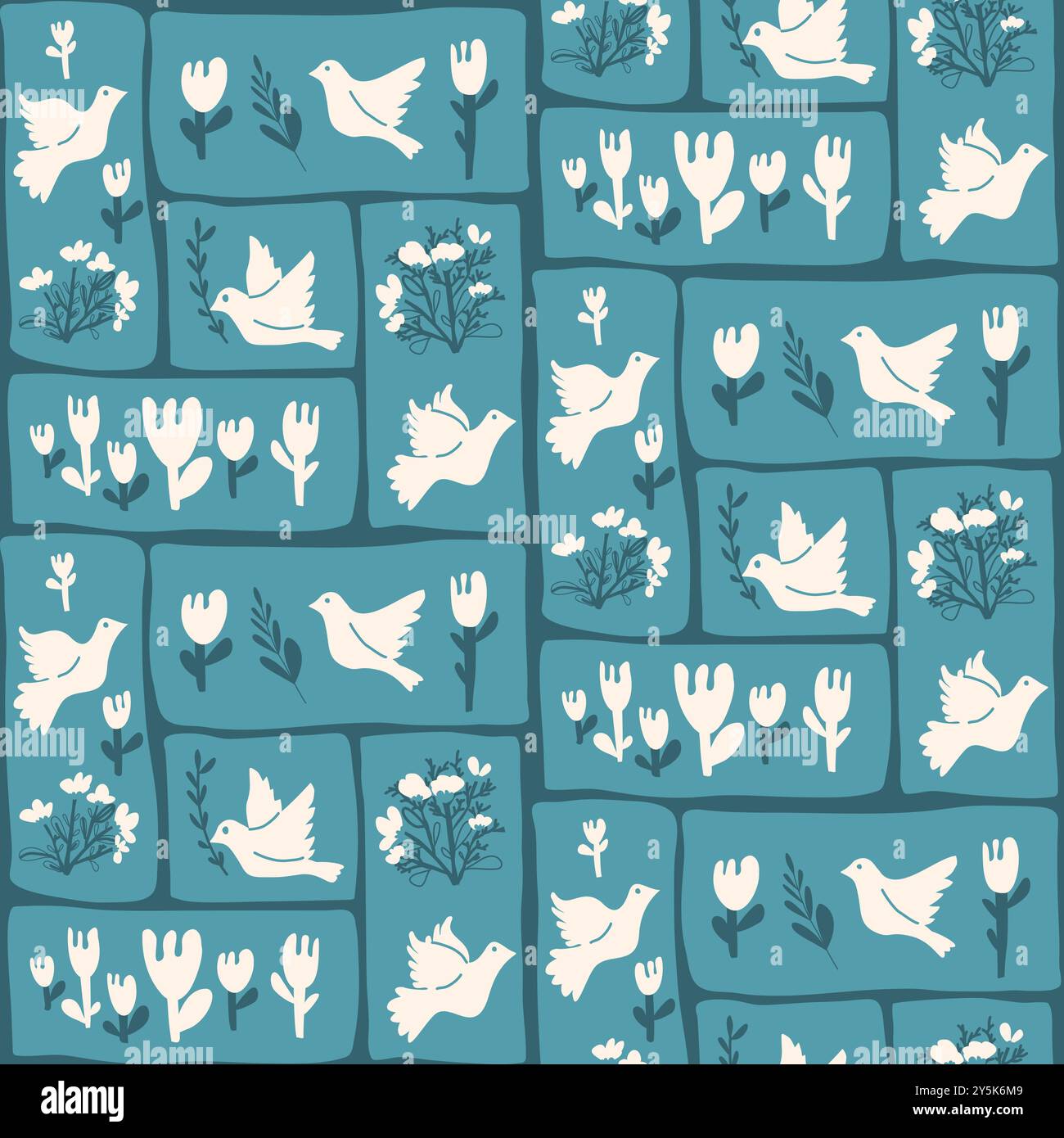 Dove patchwork seamless pattern with various floral and botanical elements arranged in rectangular segments. Perfect for home decor or textile pattern Stock Vector