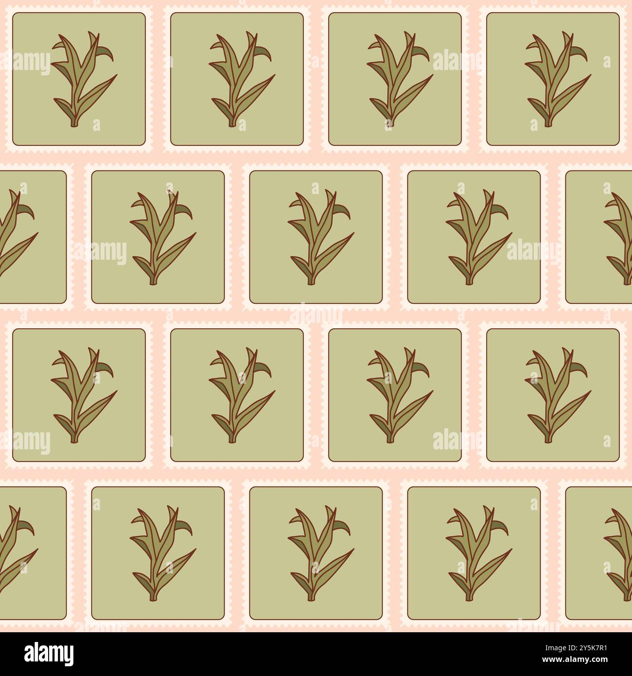 Leaf seamless pattern. Plant patchwork repeat background. Floral retro post stamps endless design. Vector hand drawn flat illustration. Stock Vector