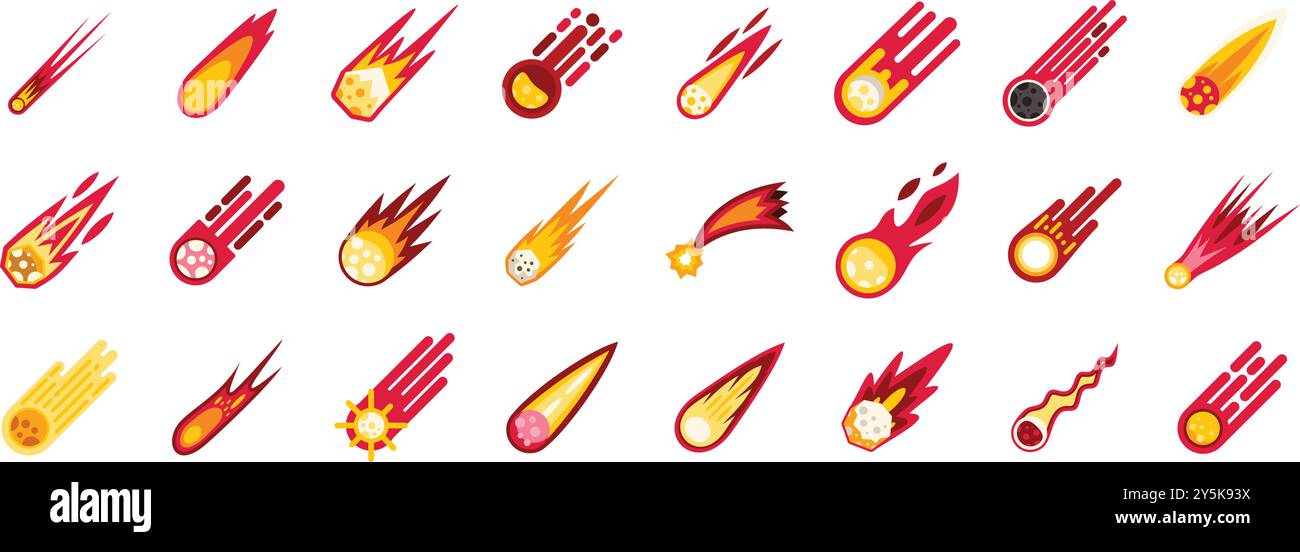Set of cartoon meteorite icons burning with fire and smoke, perfect for ...