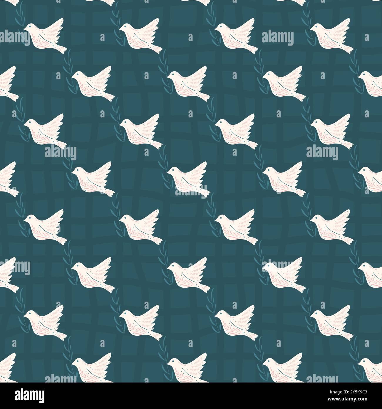 Seamless pattern with white doves holding olive branches on a dark checked background. Surface pattern design night birds motif. Vector hand drawn illustration. Stock Vector
