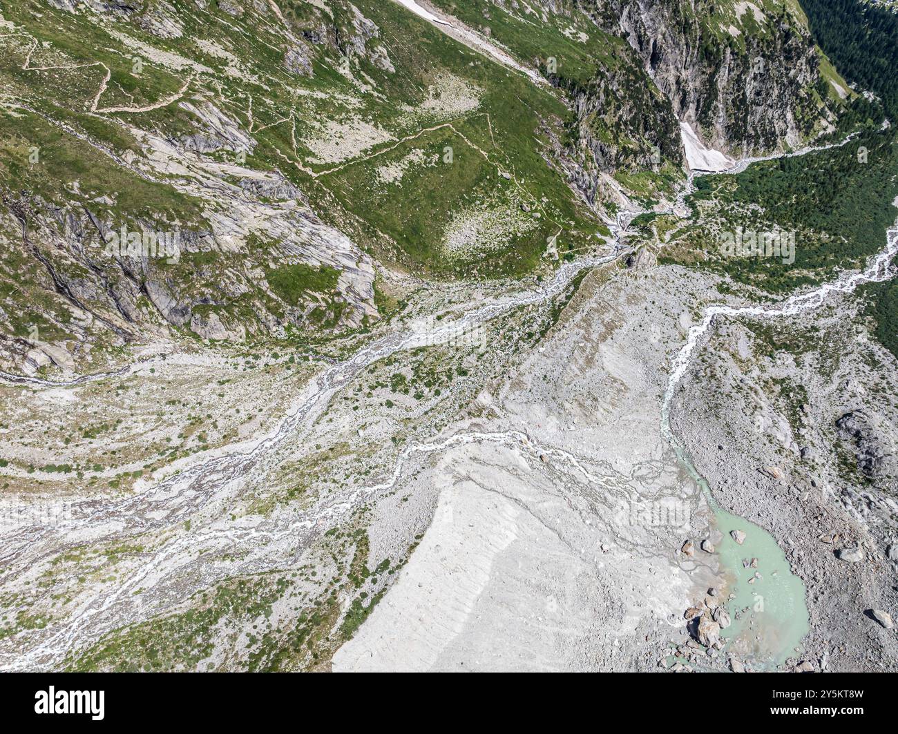 Aerial view,  glacial streams, hiking path from La Fouly to Cabane de Neuve,  valley Val Ferret, Valais, Wallis, Switzerland Stock Photo