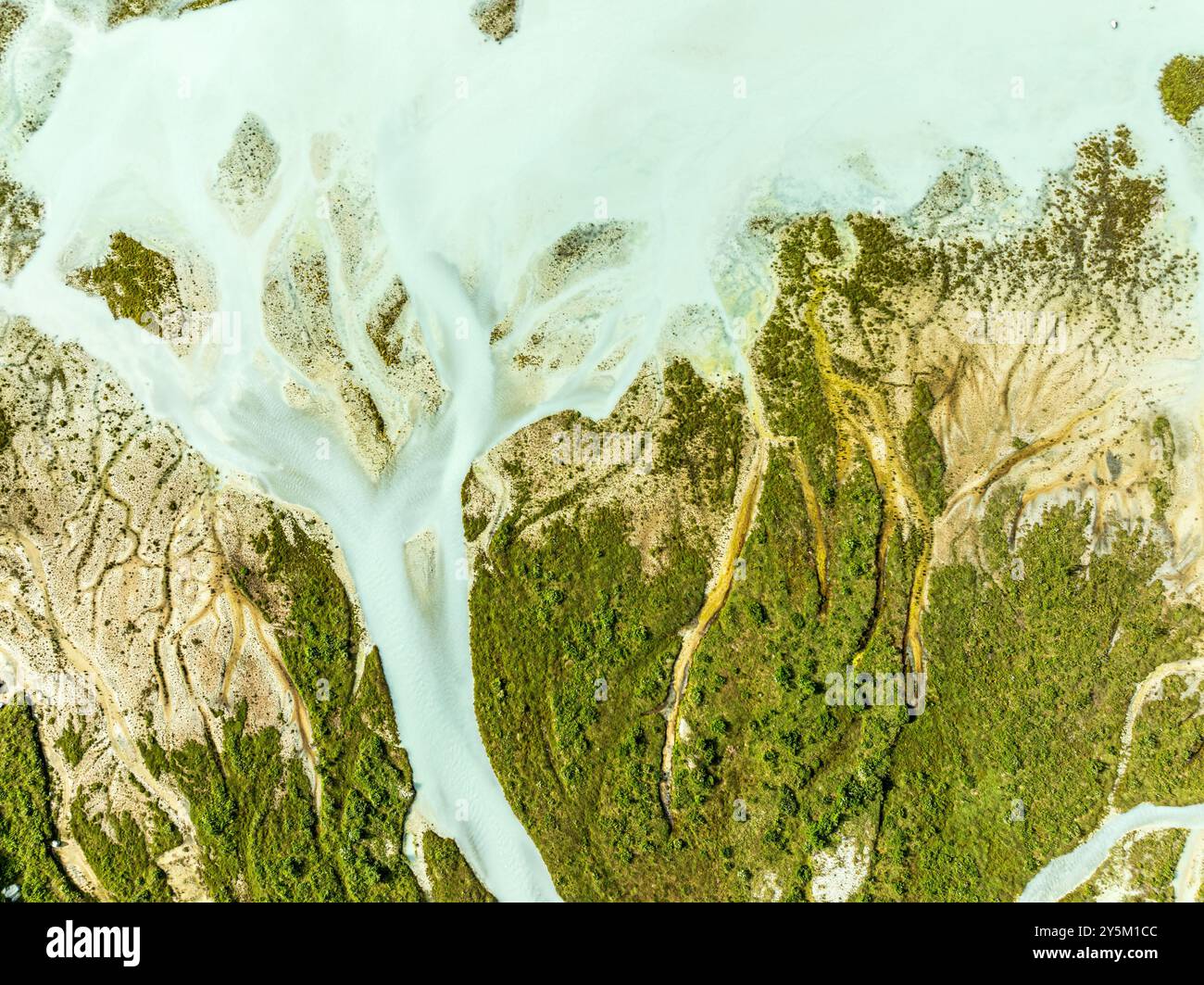 Glacial lake Lac de Chateaupre, lake just below the Moiry glacier, river arms in blue water, aerial view, Valais, Switzerland Stock Photo