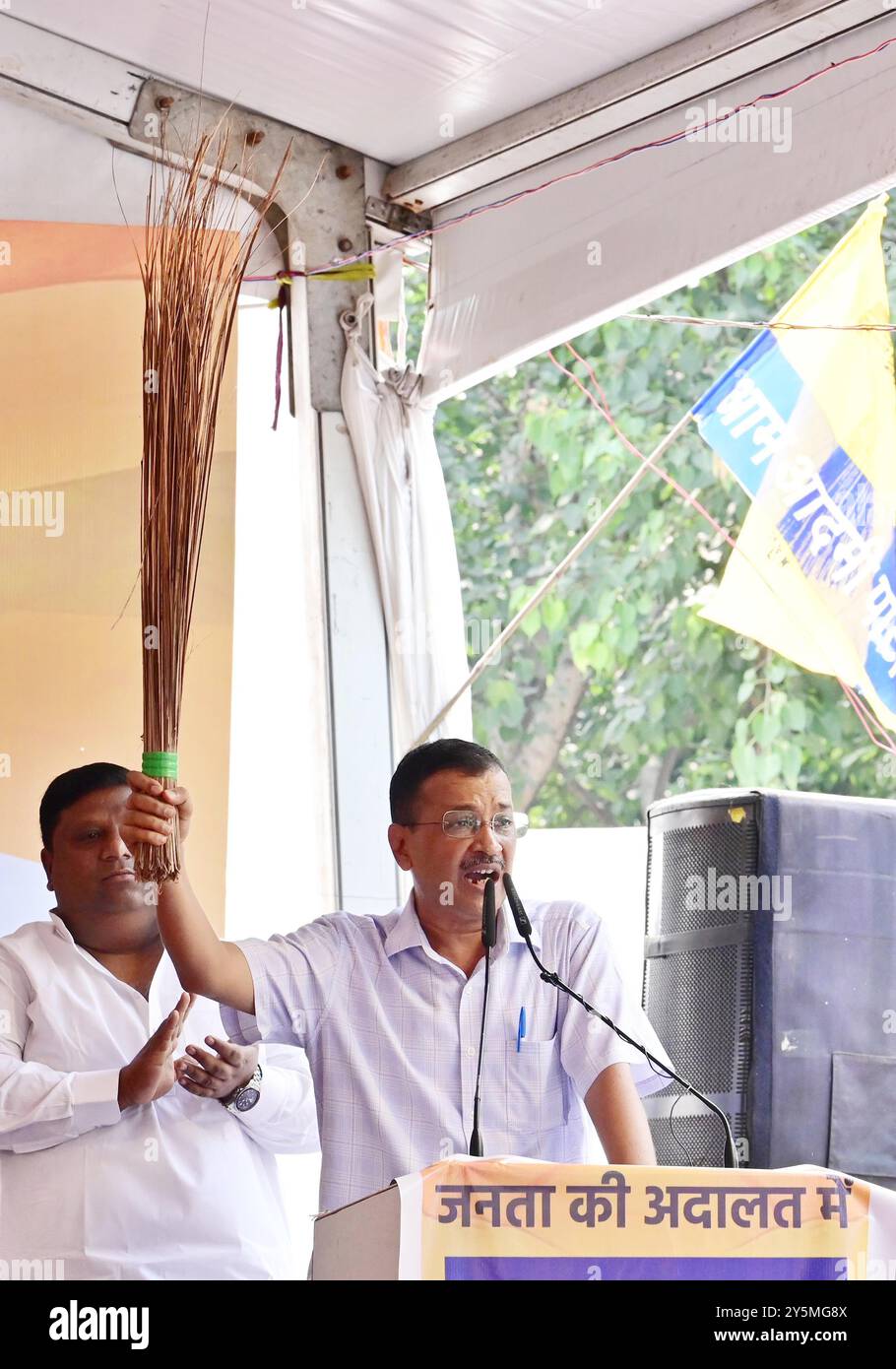 NEW DELHI, INDIA - SEPTEMBER 22: AAP National Convener Arvind Kejriwal addressing the public meeting 'Janta Ki Adalat' to engage with the people, on September 22, 2024 in New Delhi, India. Kejriwal said, 'For the last ten years, we were running the government honestly, we made electricity and water free, made treatment free for people, and made education excellent. Modi ji started thinking that if he wanted to win against them, he would have to attack their honesty and then hatched a conspiracy to prove Kejriwal, Sisodia and AAP dishonest and put each and every leader in jail.' (Photo by Vipin Stock Photo