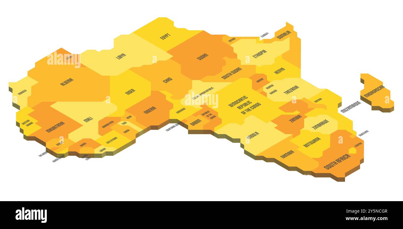 Isometric political map of Africa. Colorful land with country name labels on white background. 3D vector illustration Stock Vector