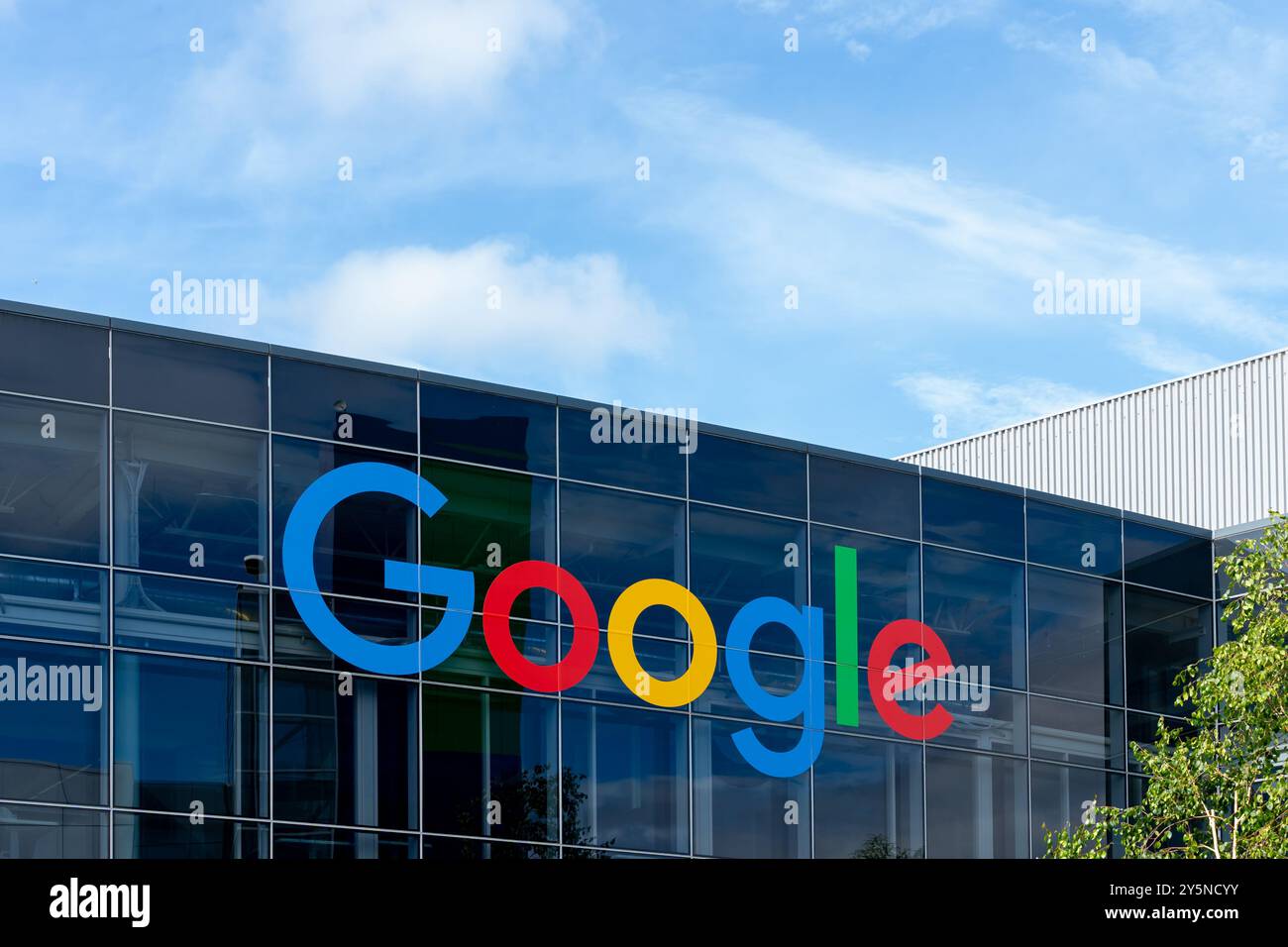 Close up of the Google  logo sign on the building in Mountain View, California, USA - June 1, 2023. Google LLC is an American multinational technology Stock Photo