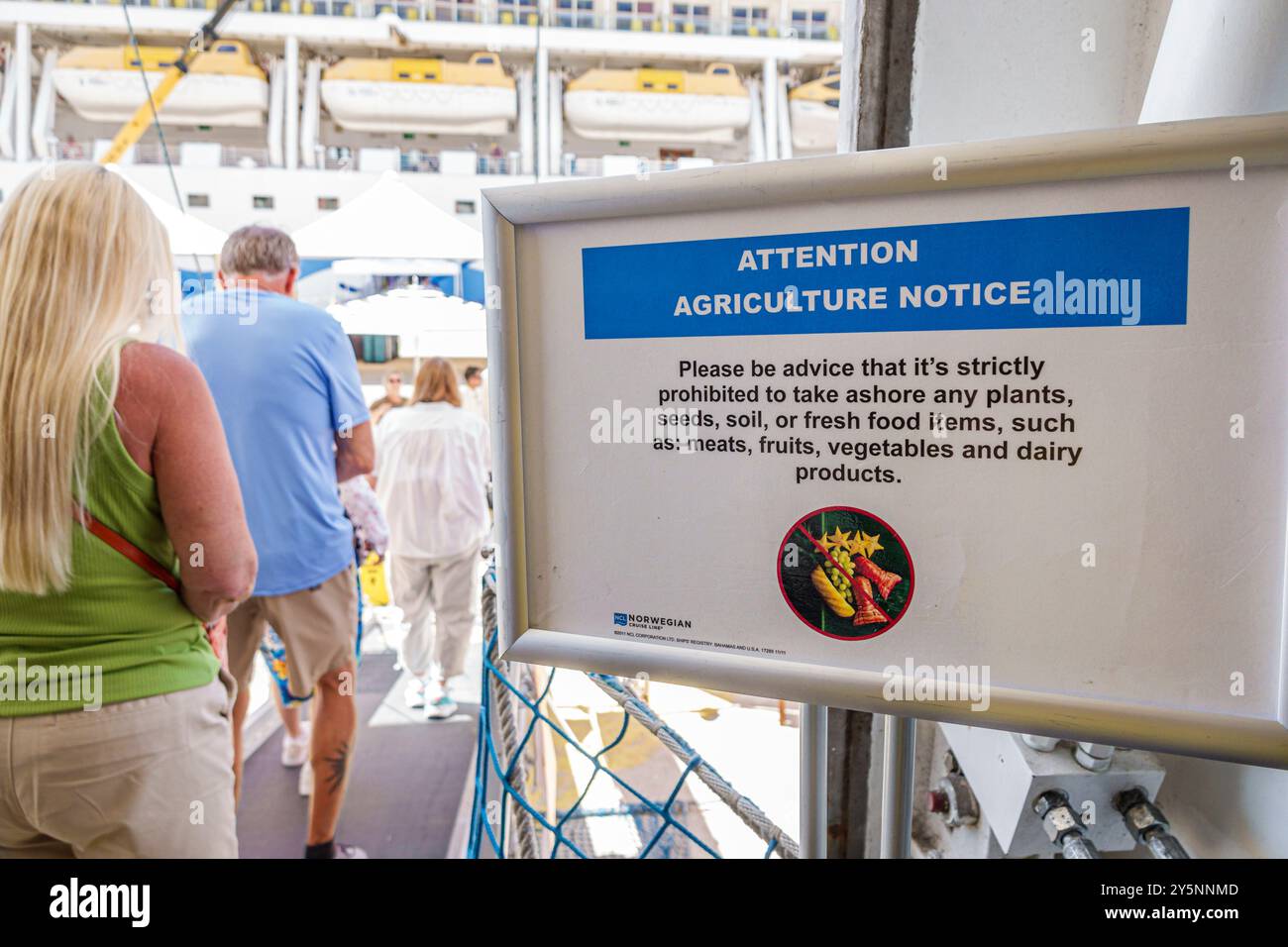 Corfu Greece,Norwegian Cruise Line NCL ship,Escape 10-day Mediterranean Sea itinerary,Port Corfu,sign notice warning,prohibited take ashore plants soi Stock Photo