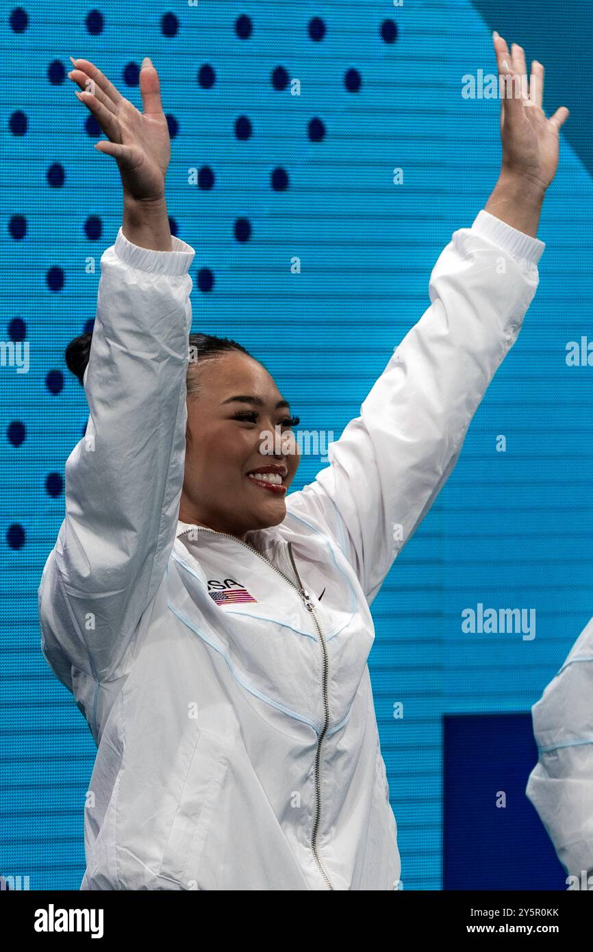 Sunisa Lee (USA) during the Women's Gymnatics Team all-around at the 2024 Olympic Summer Games. Stock Photo