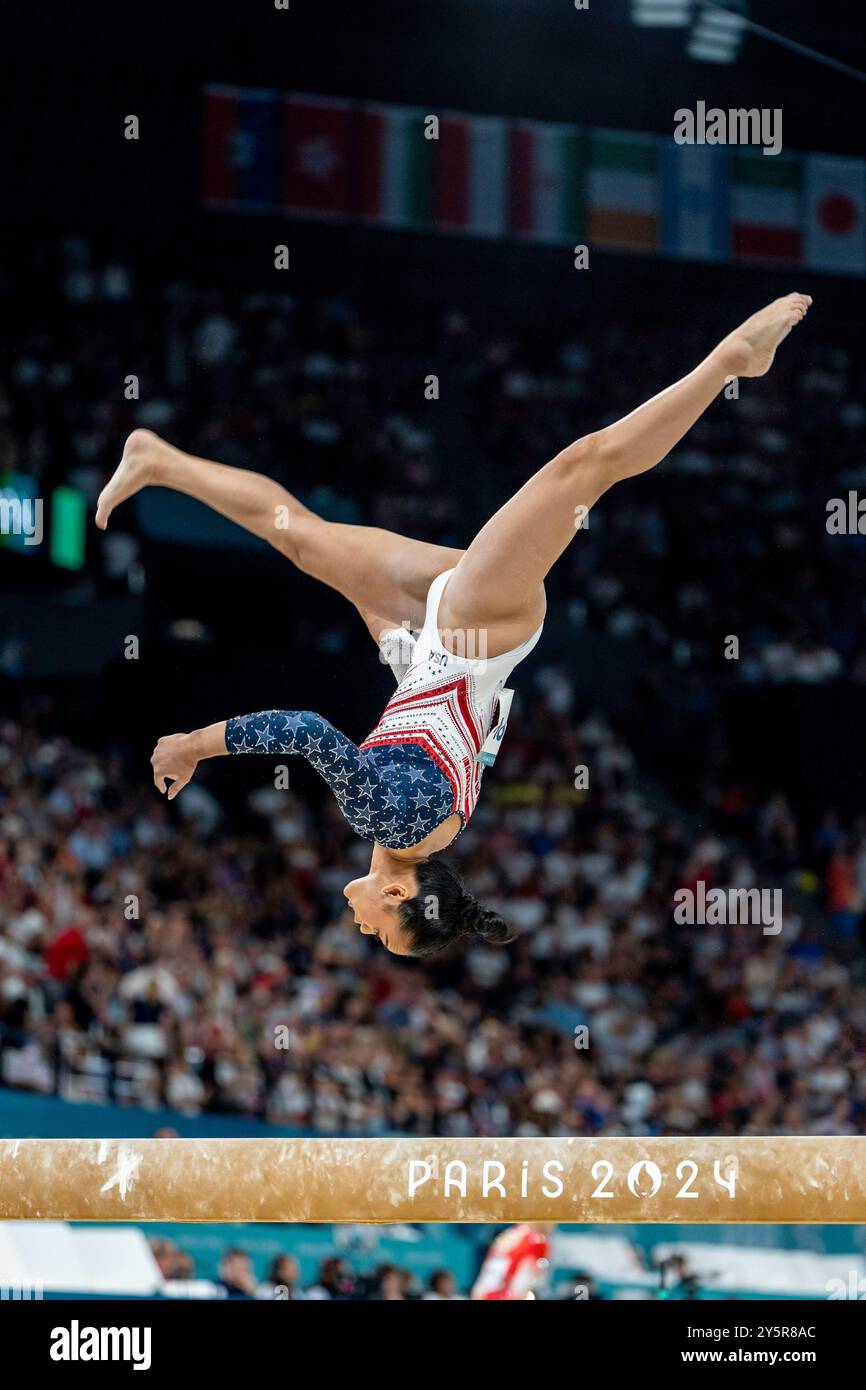 Sunisa Lee USA) competes on the balance beam during the Women's Gymnatics Team all-around at the 2024 Olympic Summer Games. Stock Photo