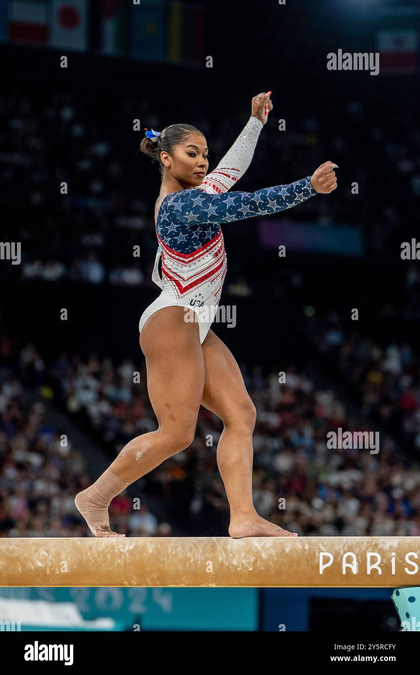 Jordan Chiles (USA) competes on the balance beam during the Women's Gymnatics Team all-around at the 2024 Olympic Summer Games. Stock Photo