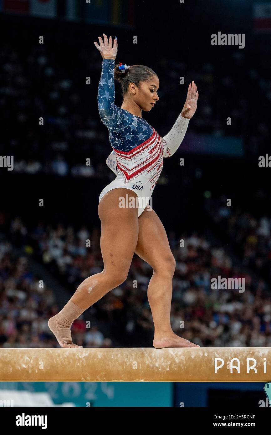 Jordan Chiles (USA) competes on the balance beam during the Women's Gymnatics Team all-around at the 2024 Olympic Summer Games. Stock Photo