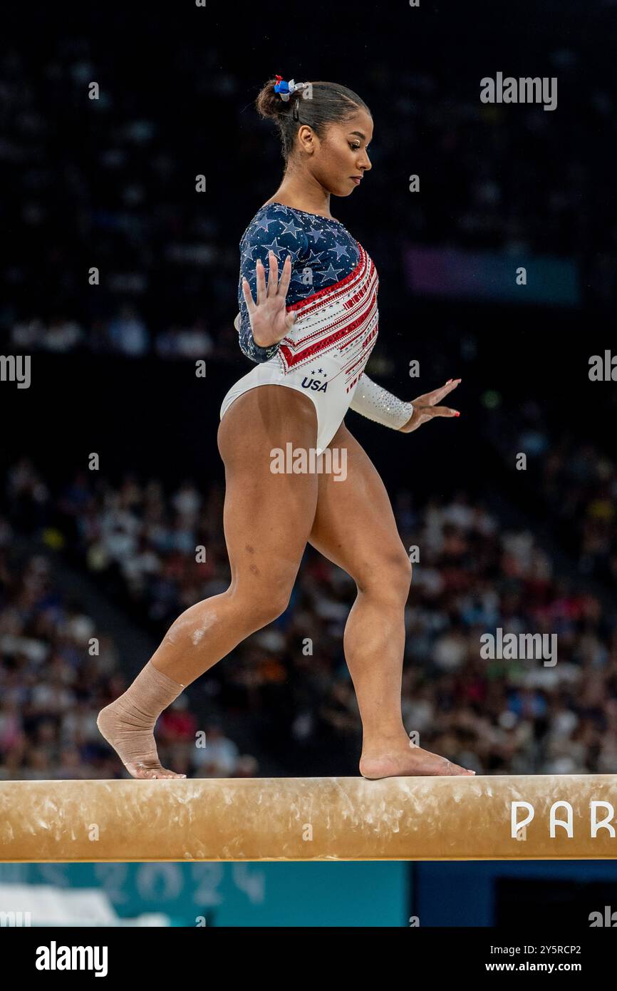 Jordan Chiles (USA) competes on the balance beam during the Women's Gymnatics Team all-around at the 2024 Olympic Summer Games. Stock Photo