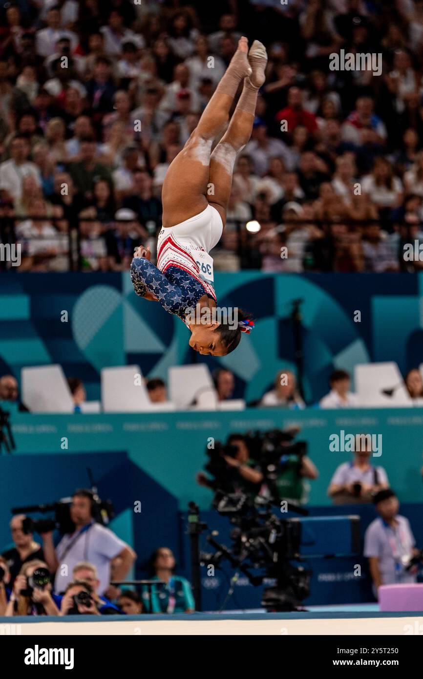 Jordan Chiles (USA) competes on the floor exercise during the Women's Gymnatics Team all-around at the 2024 Olympic Summer Games. Stock Photo
