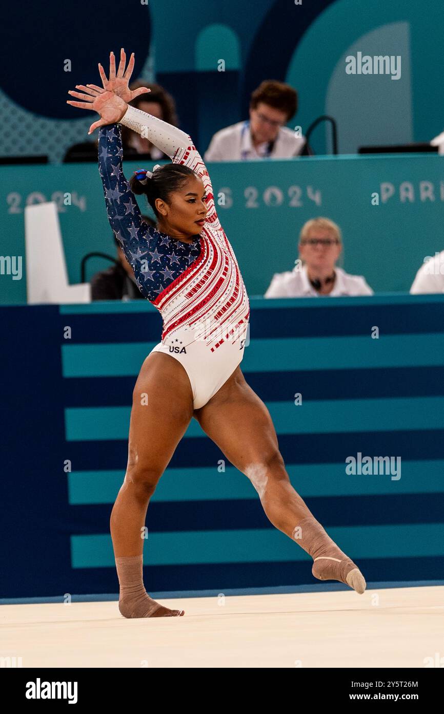 Jordan Chiles (USA) competes on the floor exercise during the Women's Gymnatics Team all-around at the 2024 Olympic Summer Games. Stock Photo