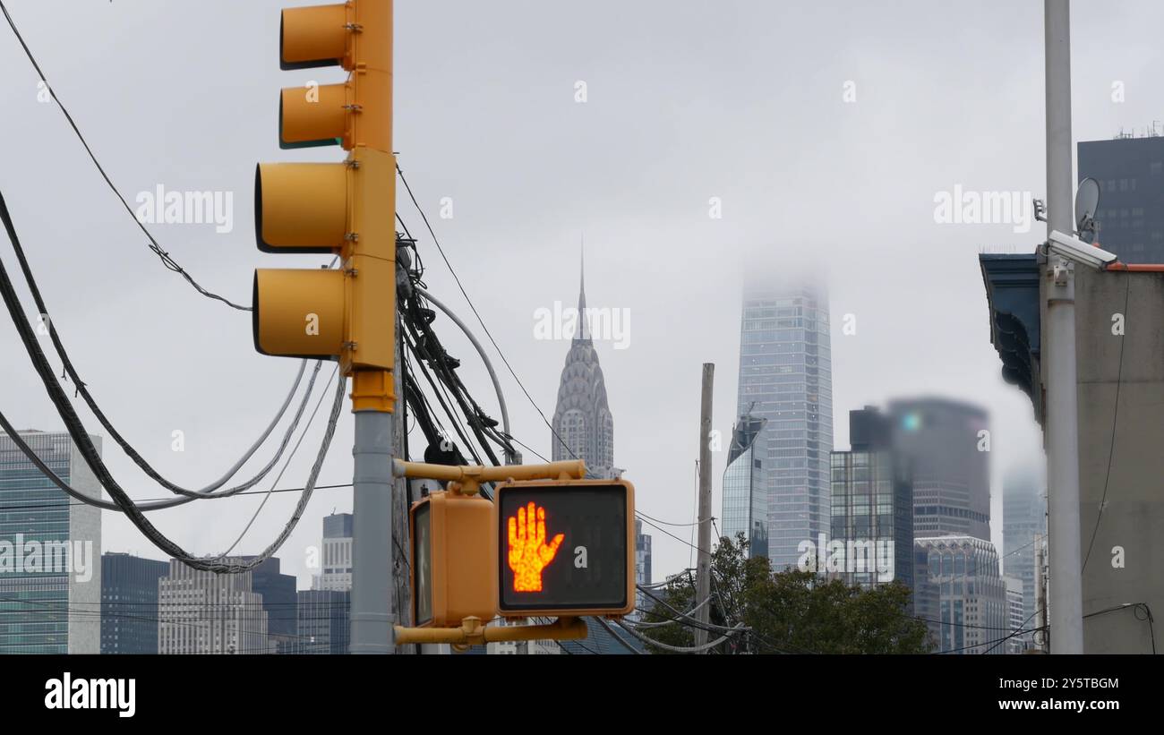 New York City street crossroad, yellow traffic light, transport road ...