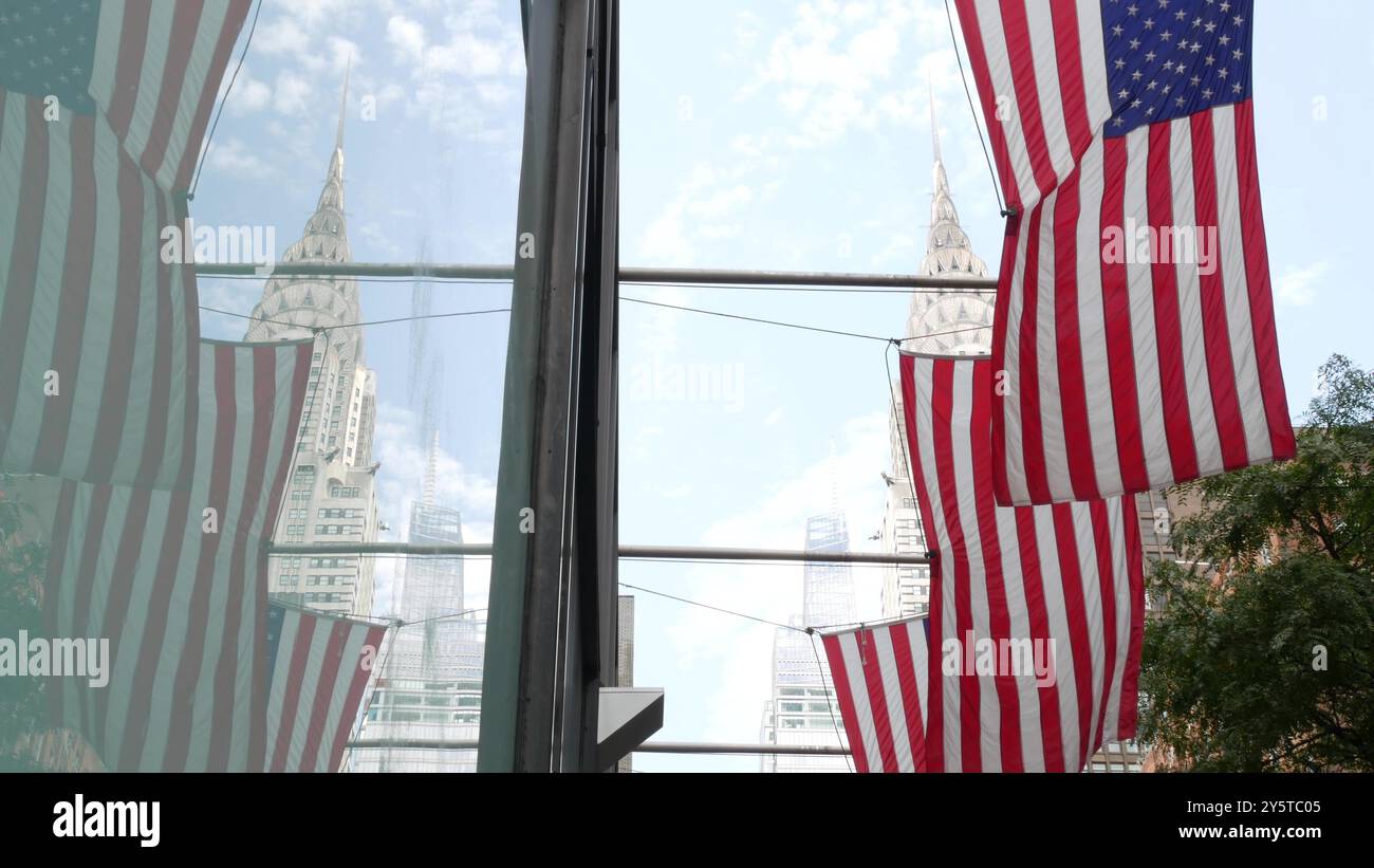 New York, american flag waving. Chrysler building. Manhattan midtown 42 ...