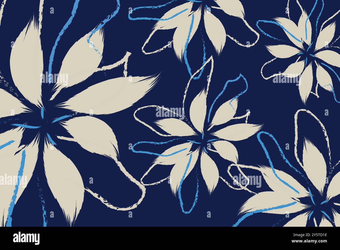 The flowers are outlined with bold, blue and white lines, leaf pattern, leaves pattern, geometric pattern, abstract seamless pattern. vector illustrat Stock Vector