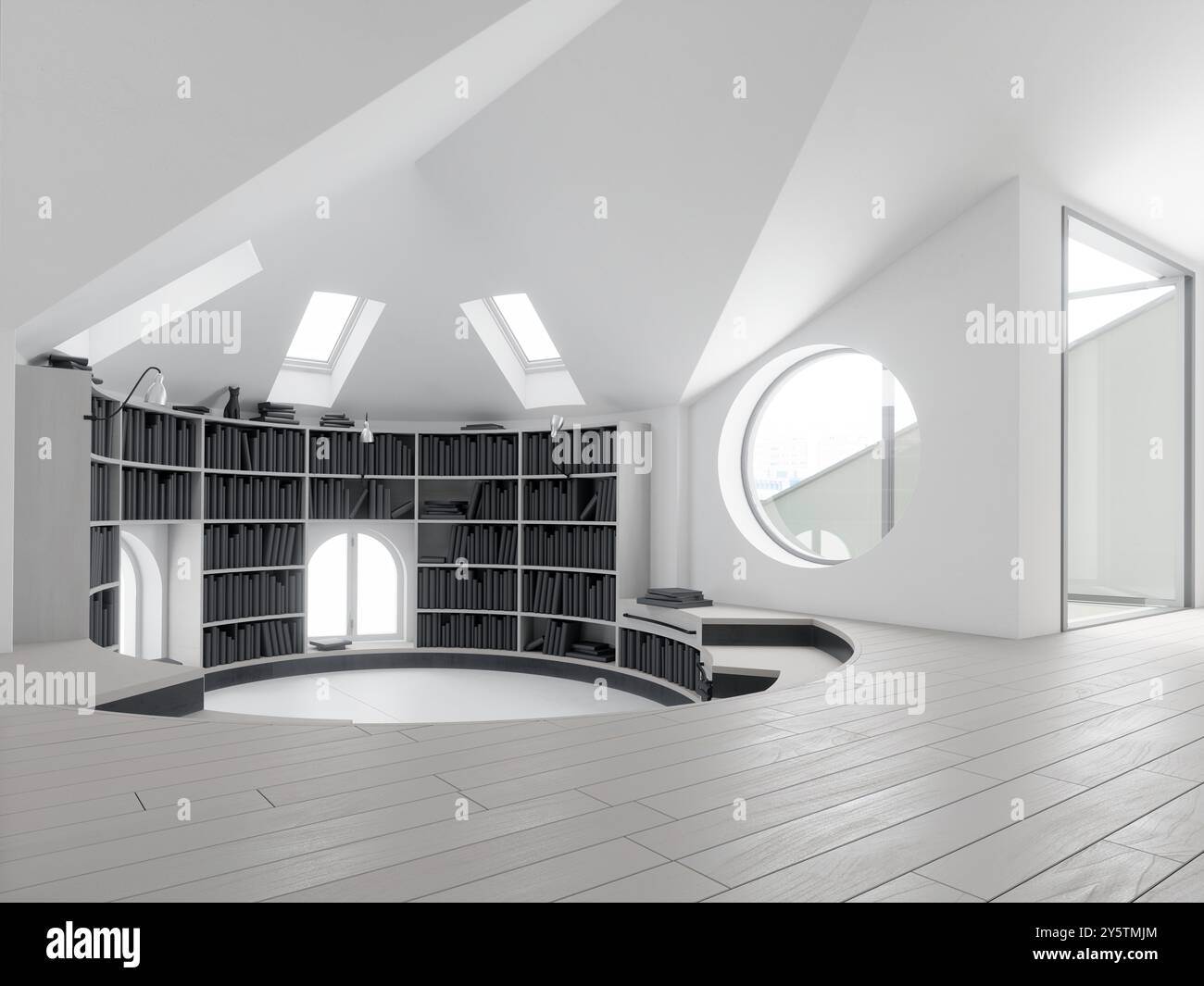 Interior of modern library with white walls, concrete floor and ...