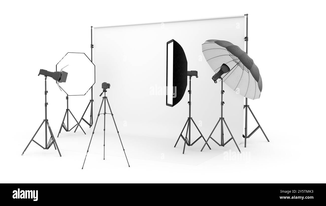 Empty photo studio with lighting equipment on white background. 3d ...