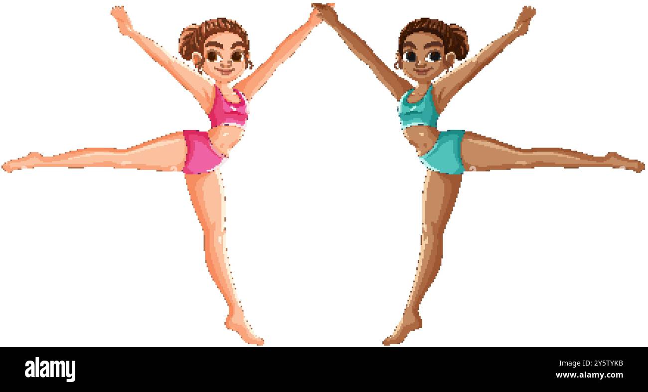 Two girls performing synchronized gymnastics routine Stock Vector Image ...