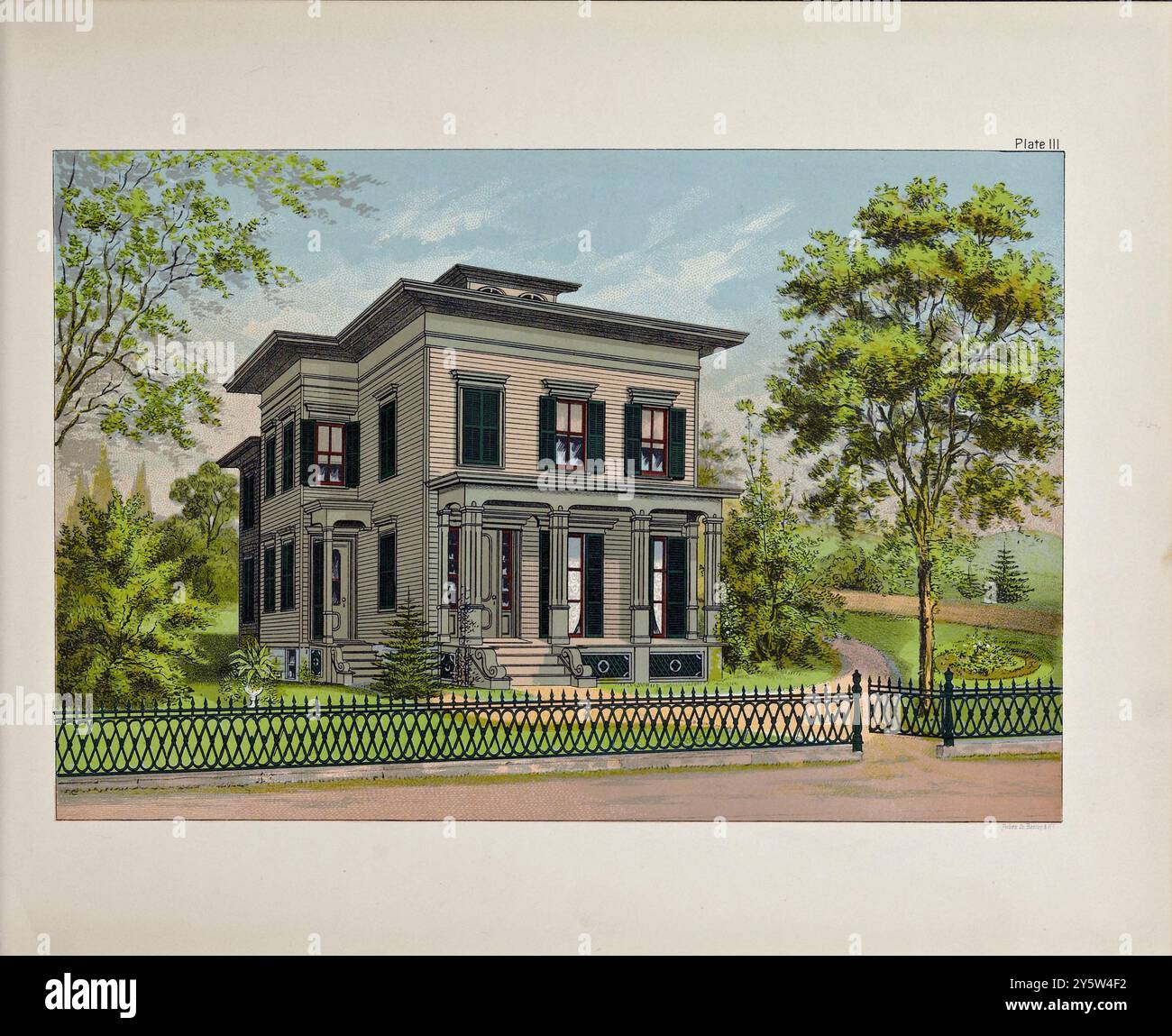 19th-century American architectural design. Vintage illustration of American residence in the Eastern and Middle States. 1885 This illustration represents a style of building first erected in the Eastern and Middle States about twenty-five years ago and still very popular. The original design was taken from an Italian villa residence, and houses of this type, on account of their spacious interiors and reasonable cost of construction, are still built in all parts of the country. Stock Photo
