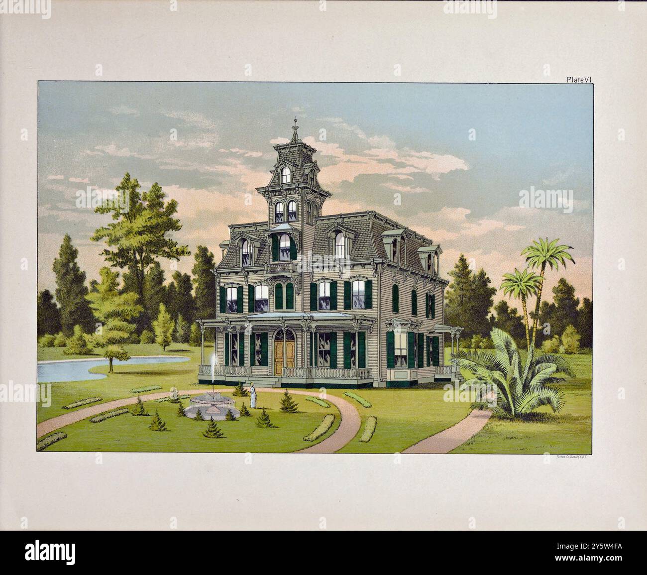 19th-century American architectural design.  The residence of a prominent South American Government official, built in the United States and erected in the Argentine Republic. Being in a hot climate, with tropical surroundings as to foliage, etc., a cool effect was necessary and neutral tints only, relieved with brighter colors, were selected, the ornate design of the building itself greatly facilitating their employment. Stock Photo