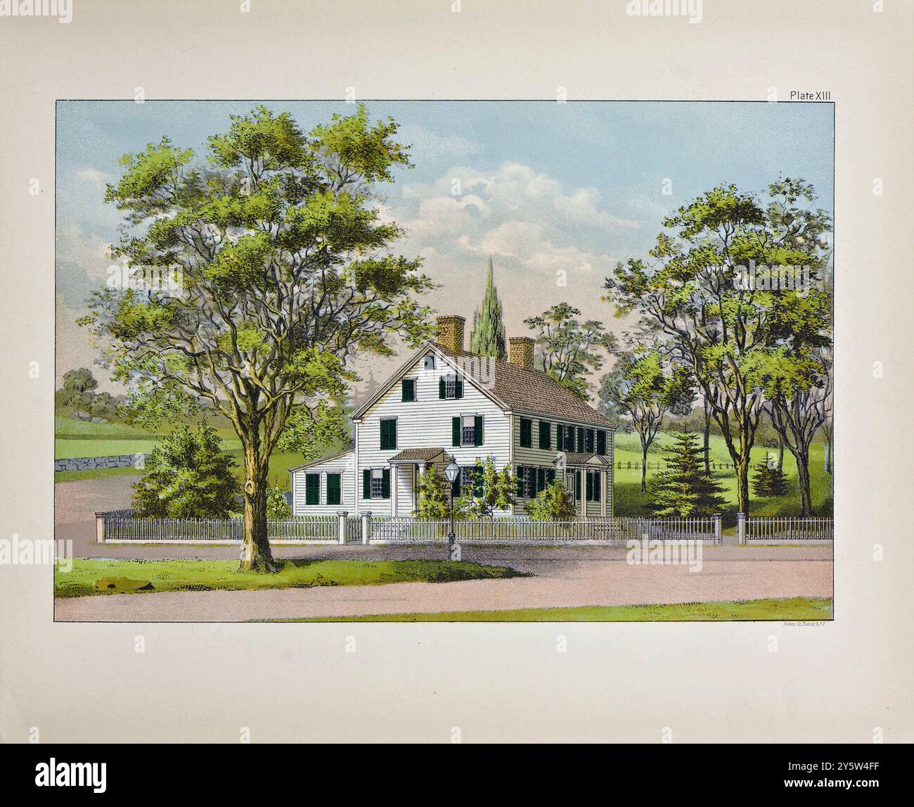 19th-century American architectural design. The old style country dwelling. 1885 The old style country dwelling, typical in its lack of all architectural ornamentation of the plain tastes and habits of the early settlers in the New England States, and of which many are still to be found, is here depicted treated in conventional style — painted plain white with green blinds. The cold, glaring effect is always harsh amid any surround Stock Photo