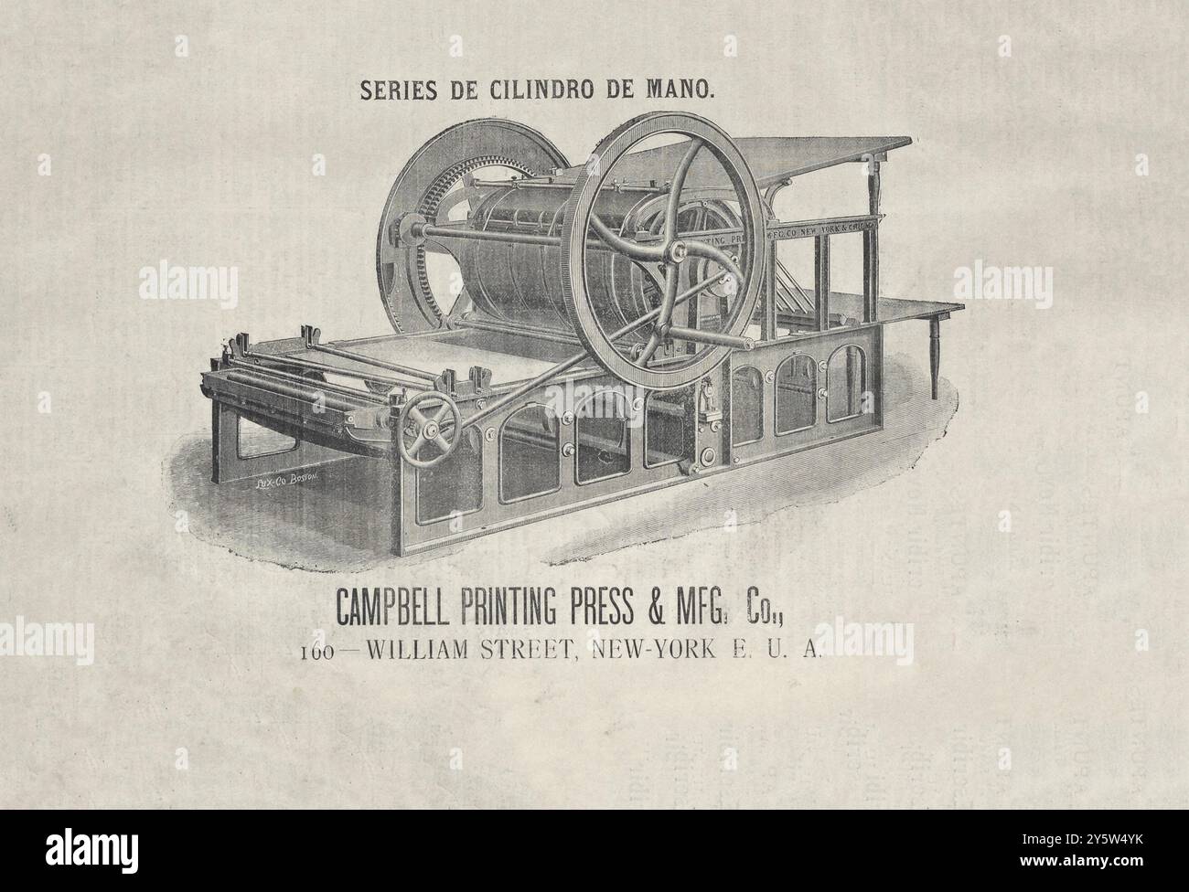 Vintage advert of Campbell printing press & MFG Co., William street, New York E. U. A. 1889 series of hand cylinders. Stock Photo