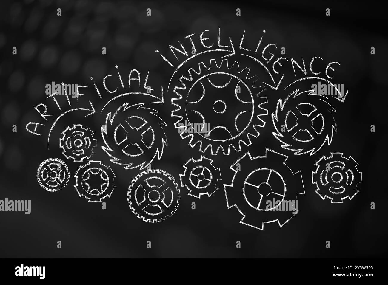 artificial intelligence and deep learning conceptual illustration, gearwheel mechanism with text (not created with AI) Stock Photo
