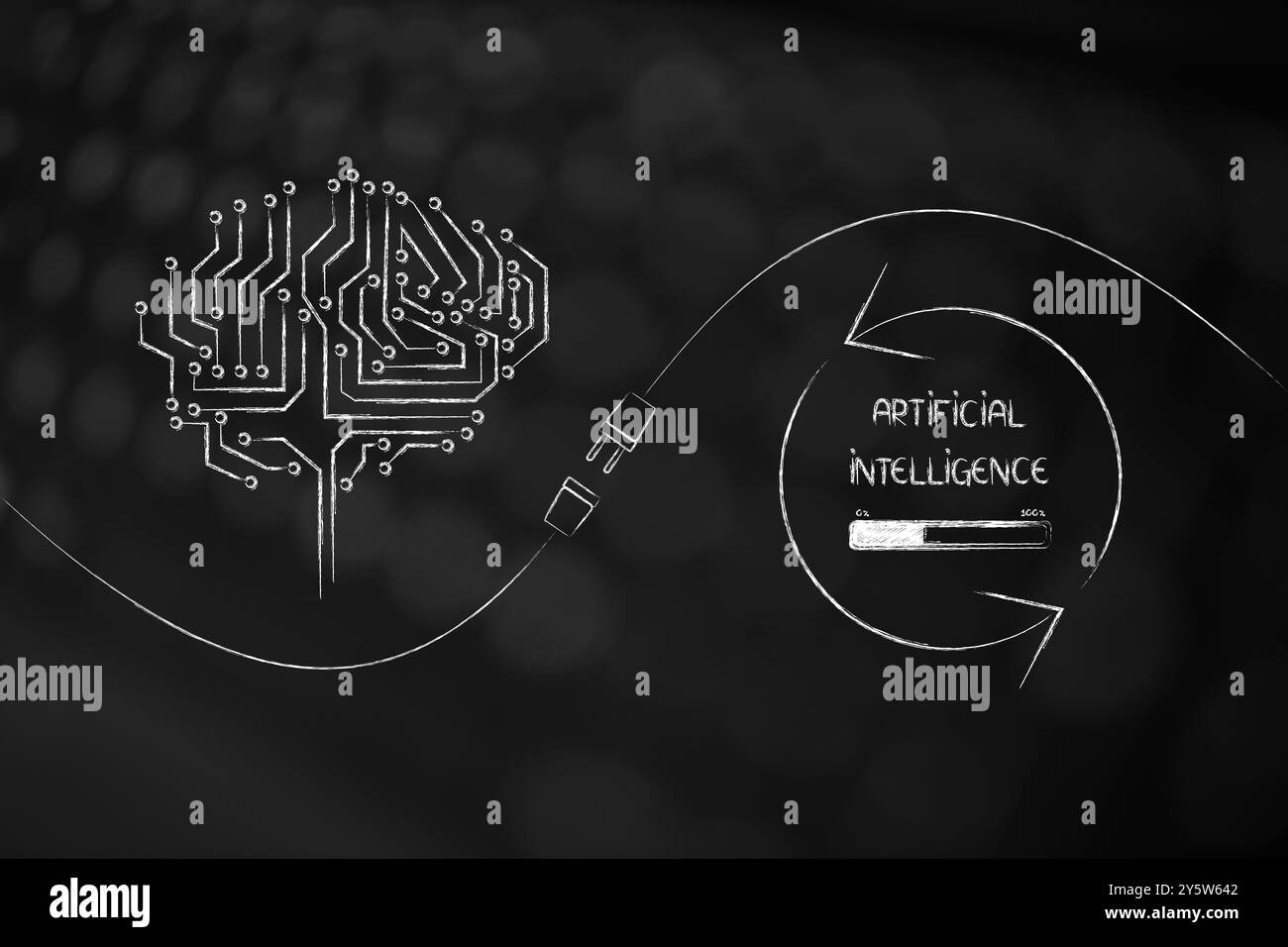artificial intelligence and deep learning conceptual illustration, microchip brain next to plug and progress bar (not created with AI) Stock Photo