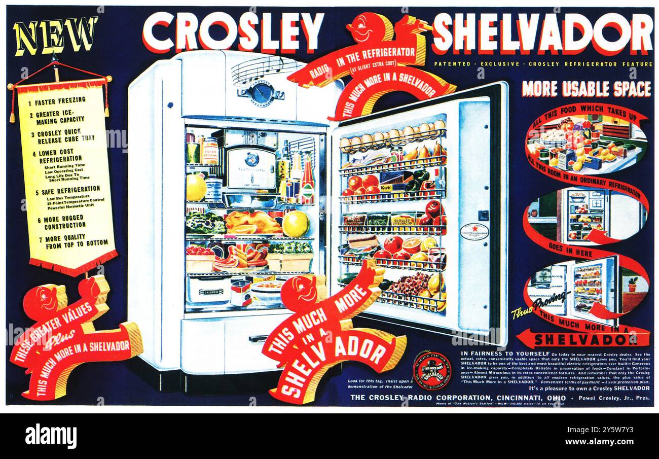 1938 Crosley Shelvador Radio in the Refrigerator Ad Stock Photo